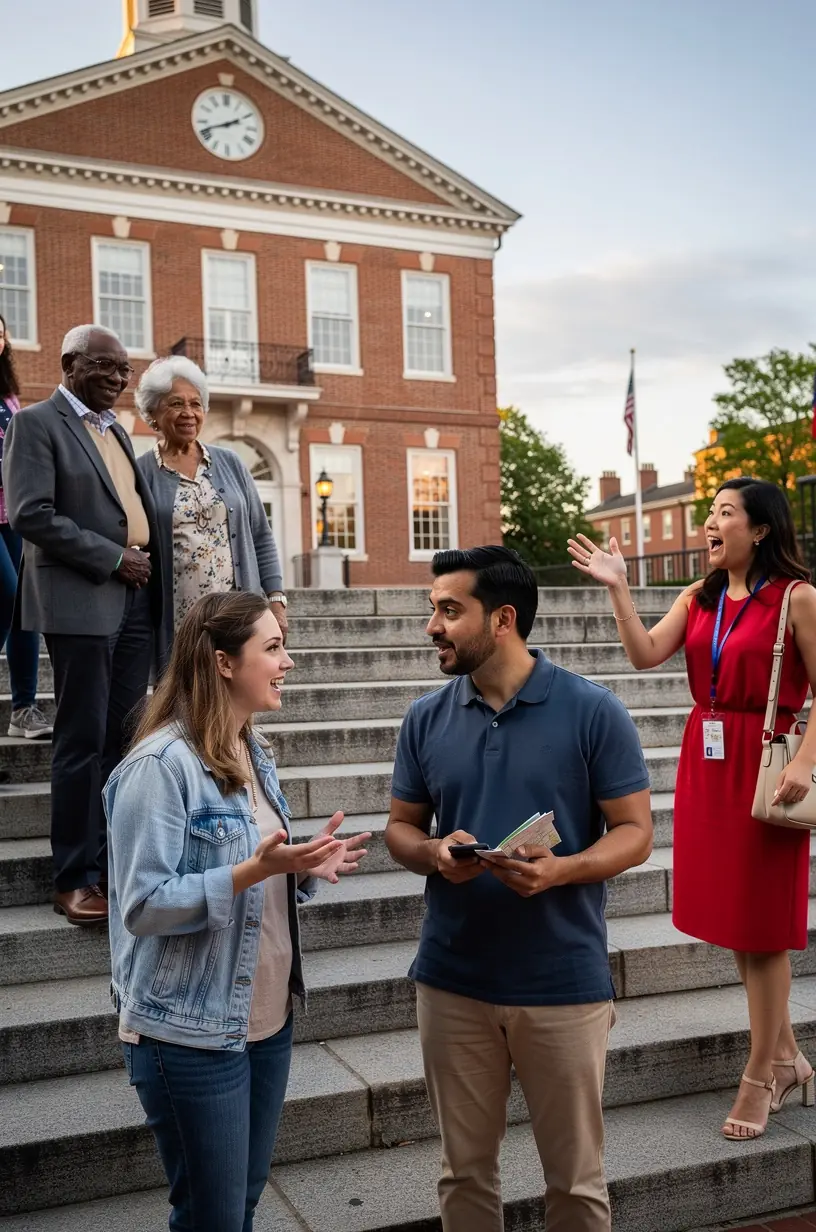 Счастливые туристы делают фото на фоне городской панорамы в рамках короткой экскурсии.